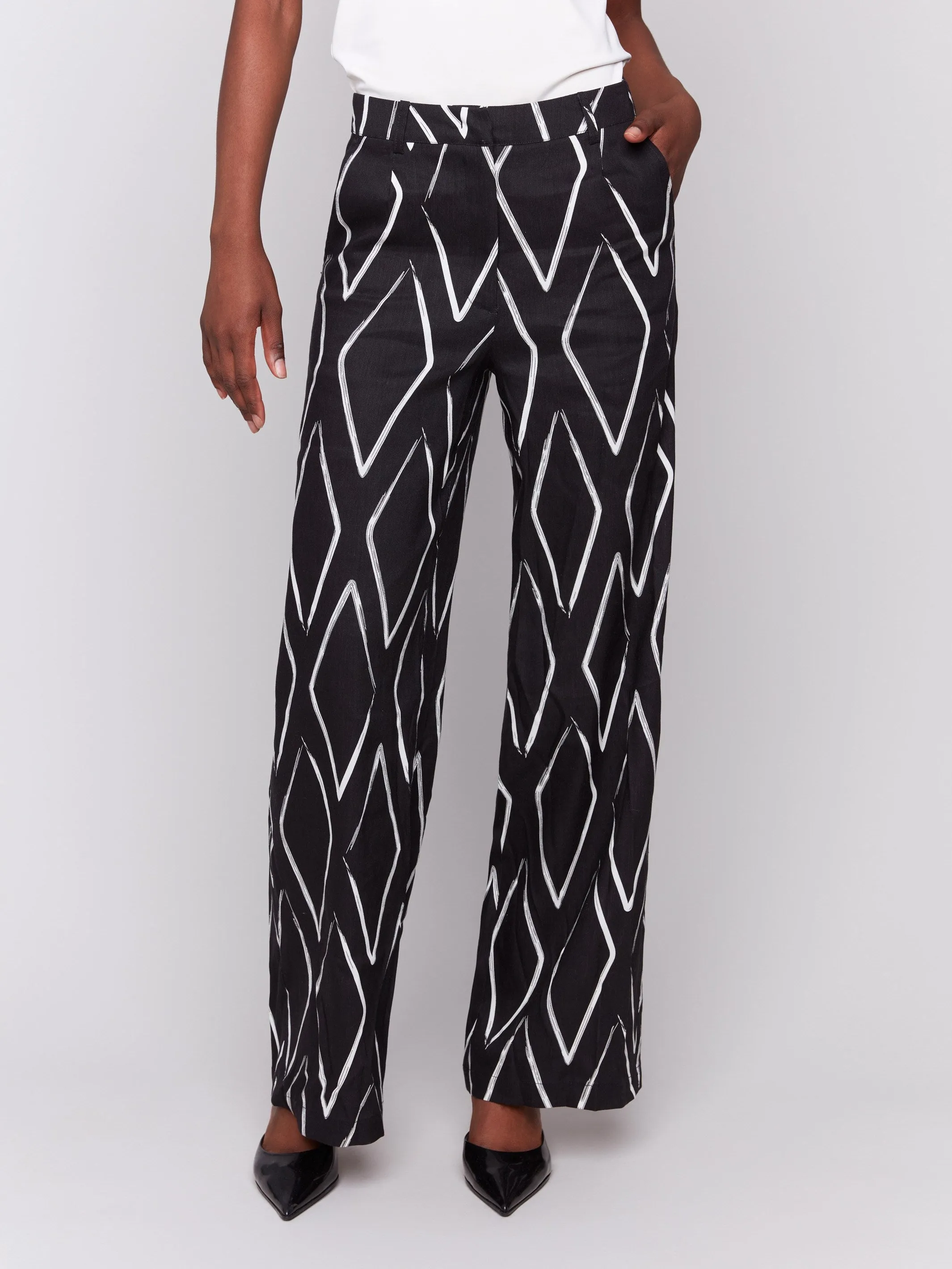 Printed Linen Blend Pants - Diamonds