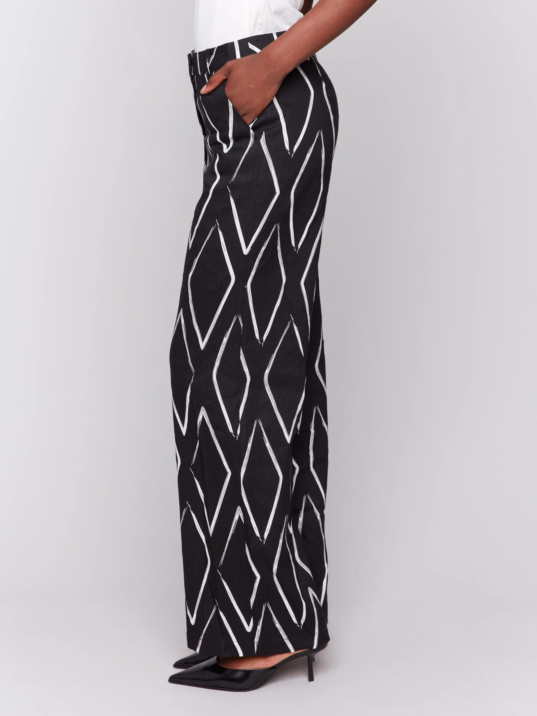 Printed Linen Blend Pants - Diamonds